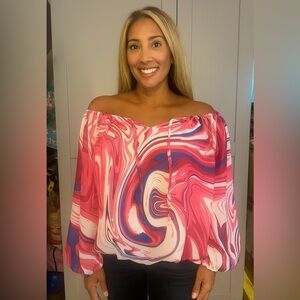 Vibrant Off-Shoulder Swirl Top